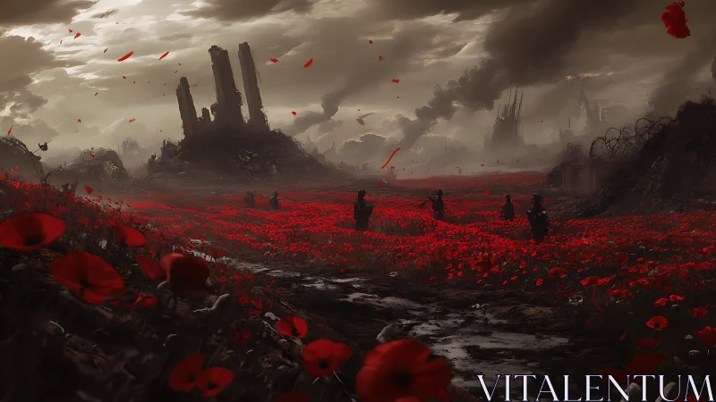 War-torn poppy field cuts through smoking industrial ruins.