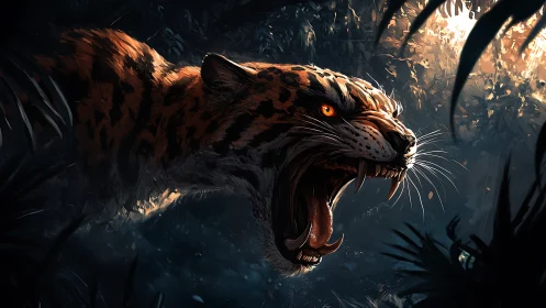Predator's Snarl: Spotted Leopard Against Darkened Jungle.