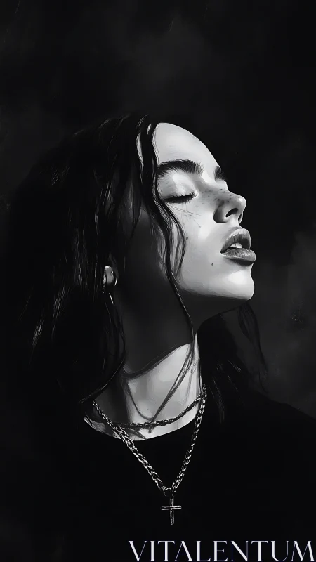 Monochrome portrait of woman in rapt, shadowed stillness.