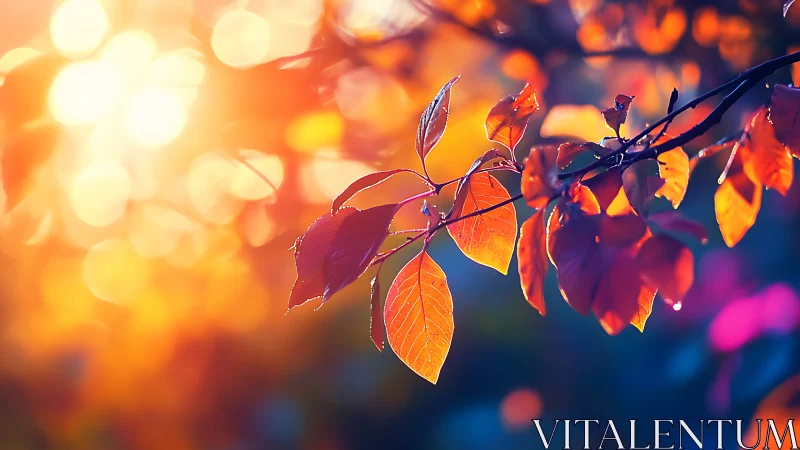 Backlit orange leaves on branch with blurred sunlit bokeh.
