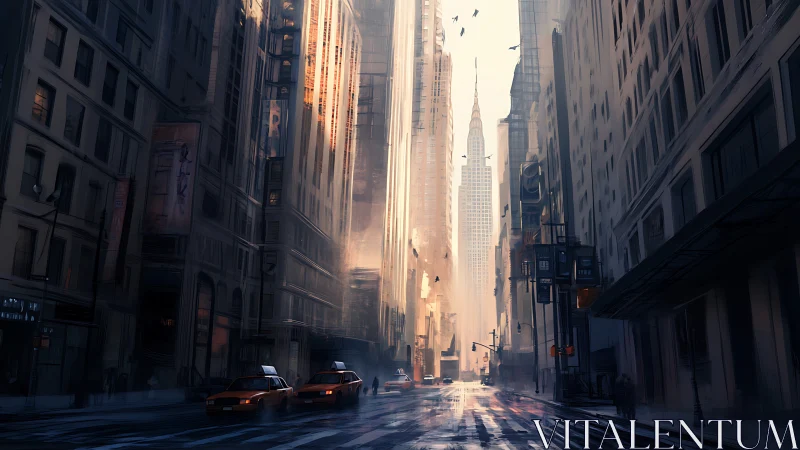 Dawn-lit city canyon where taxis chase rising golden mist.