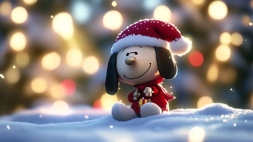 Cartoon dog figurine sits in snow before defocused lights