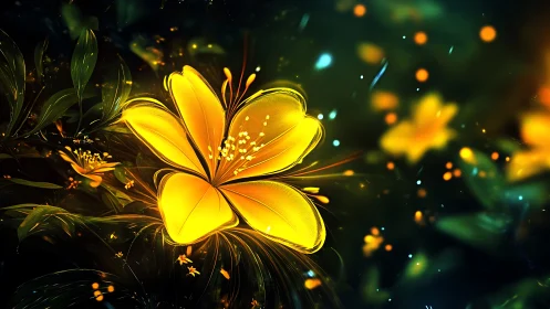 Luminescent Yellow Flower Digital Art. Glowing Petals.