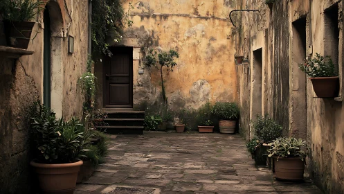 Rustic courtyard with weathered walls and potted plants.