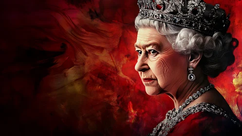 Regal elderly woman in jeweled crown against molten red field.