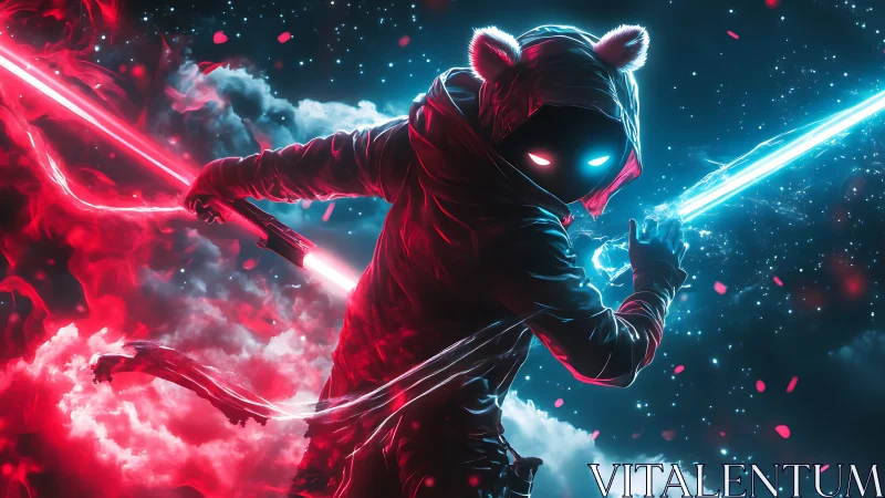 Neon hooded warrior swings glowing blades in cosmic sky