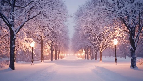 Snowy park pathway glowing with soft winter lamplight.