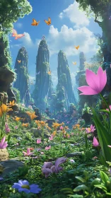 Lush fantasy valley with wildflowers, butterflies, and spires.