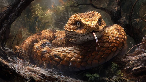 Forest ember serpent coils in watchful, scale-bright silence.