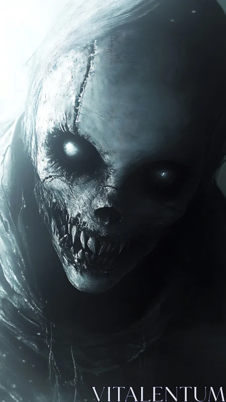 Backlit skeletal wraith portrait with bioluminescent eye cores