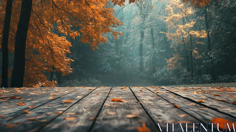 Autumnal forest perspective: Weathered timber platform beneath stratified canopy.