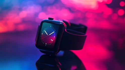 Black smartwatch with neon gradient screen and bokeh glow.