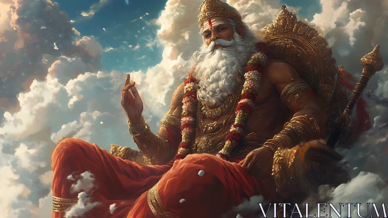 Seated bearded deity on ornate throne amid dense clouds