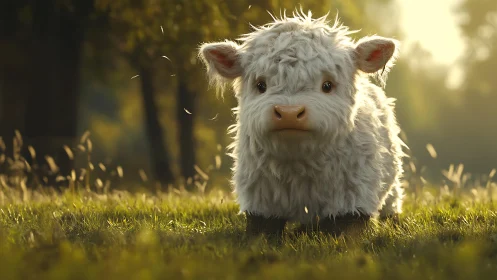 Fluffy white calf in golden meadow sunlight at dusk.