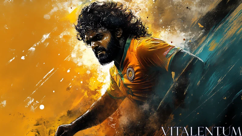 Dynamic footballer portrait in explosive orange brushwork.