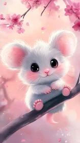 Fluffy white mouse smiles beneath drifting cherry blossoms.