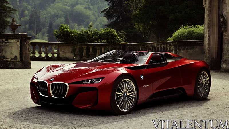 Sleek red roadster basking in peaceful countryside charm.