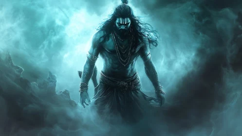 Storm-veiled warrior god strides from turquoise oblivion.