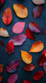 Autumn foliage arrangement with multicolored leaves on dark background.