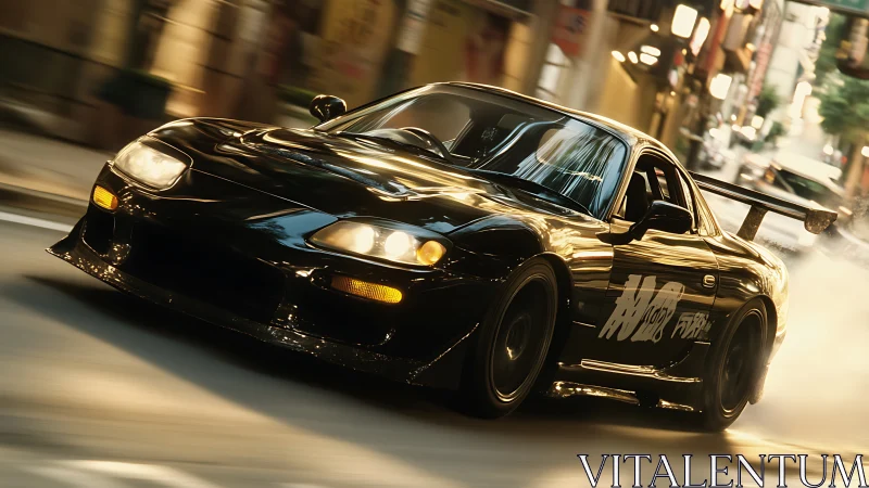 Black tuner sports car drifting through neon city street.