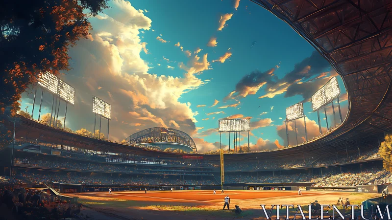 Sunlit baseball stadium under dramatic evening sky panorama.
