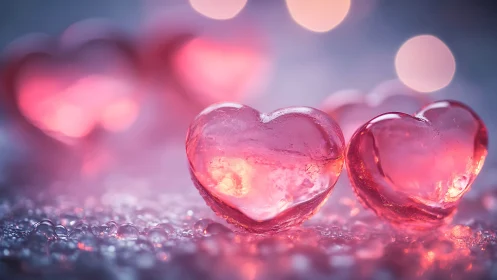Translucent Pink Ice-Heart Formations with Luminescent Bokeh Depth Field