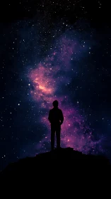 Silhouette studies nebula sky under deep violet cosmos.