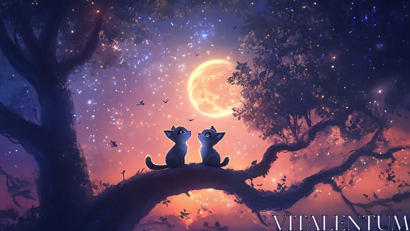 Two Cats Gazing at the Golden Moon Above Ancient Trees.