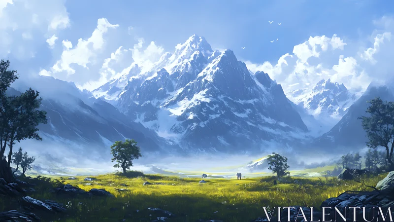 Sunlit valley meadow beneath towering snowy peaks.
