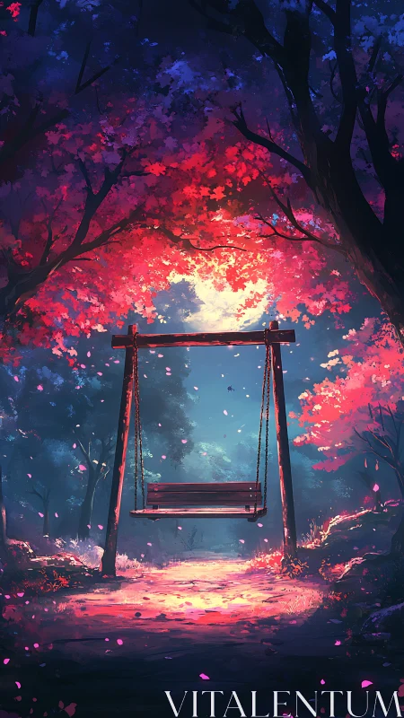 Wooden swing is suspended under dense red forest canopy