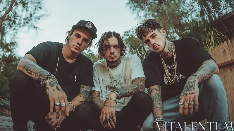 Tattooed young men crouching in urban backyard setting.