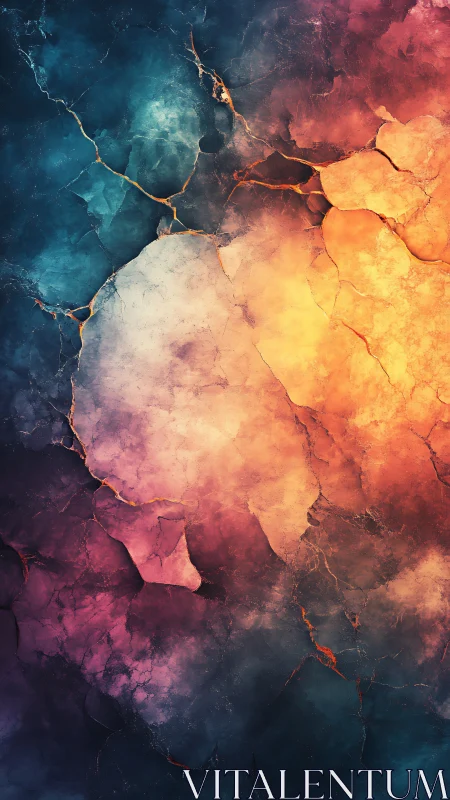 Cracked nebula stone glows with teal, amber and violet light.