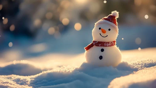Cute snowman glows in golden winter sunset snowfield.