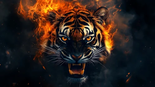 Tiger head erupts from swirling fire with feral intensity