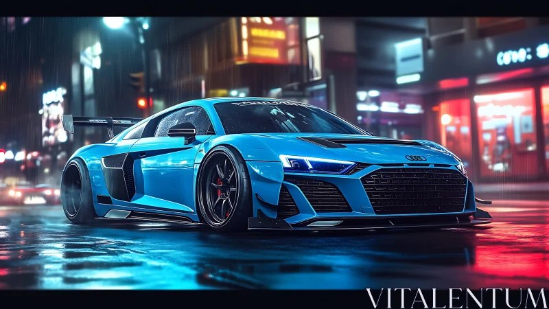 Widebody blue Audi supercar in neon lit rainy city street