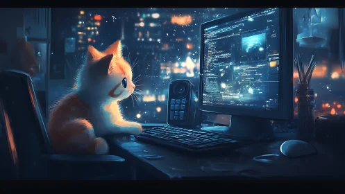 Feline at Computer Workstation with Illuminated Display
