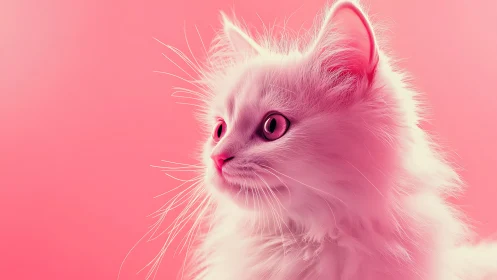 Pink fluffy cat gazing with bright, curious eyes.