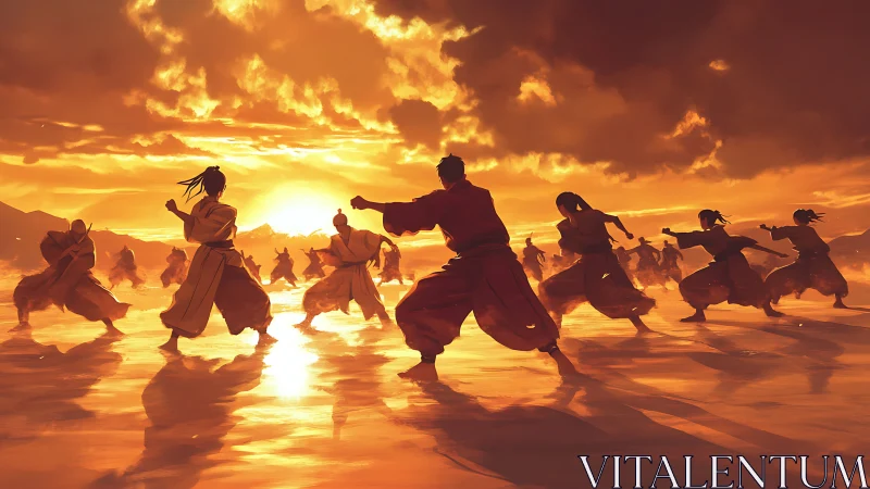 Martial artists train at sunset upon a shimmering shoreline