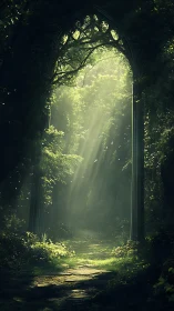Ethereal Archway: Luminescent Forest Passage Through Stone Gateway.