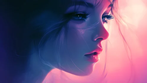 Side profile of young woman rendered in neon gradient light