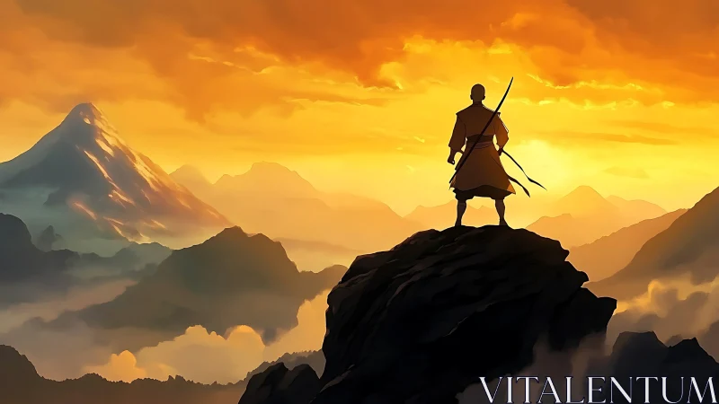 Lone mountain wanderer greeting a molten golden sunrise.