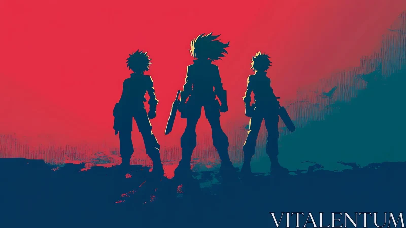 Silhouetted trio stand against stark red and blue sky