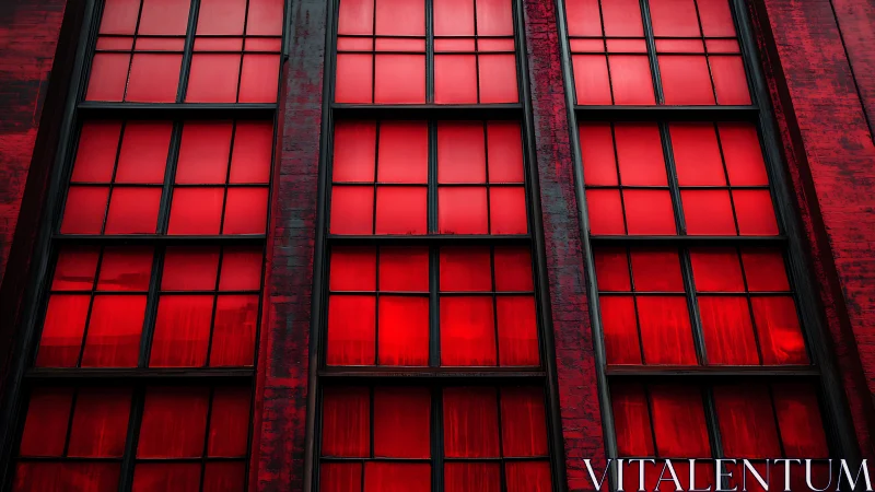 Red industrial window facade shows vertical grid repetition