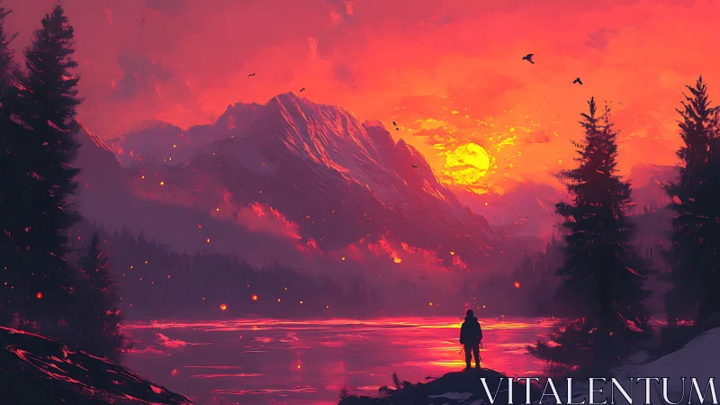 Sunset wanderer by glowing mountain lake in soft silence.