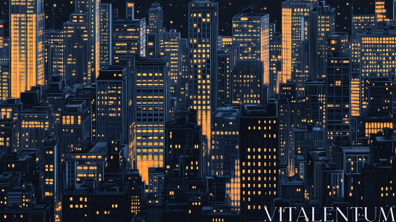 Nocturnal high-rise grid with amber-lit windows and towers.