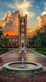 Sunlit collegiate clock tower framed by dramatic clouds.