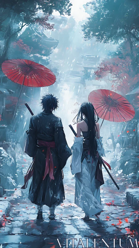 Samurai pair under vermilion umbrellas in rain-swept street.