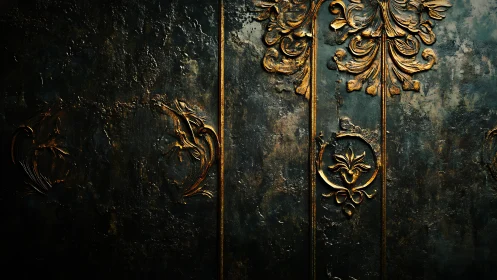 Baroque gold ornament on dark distressed metal panel.