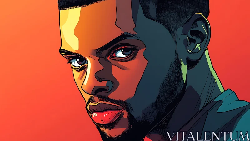 Bold portrait in glowing sunset tones and graphic shadows.