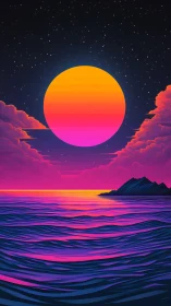 Digital seascape depicts stylized sun over horizon line